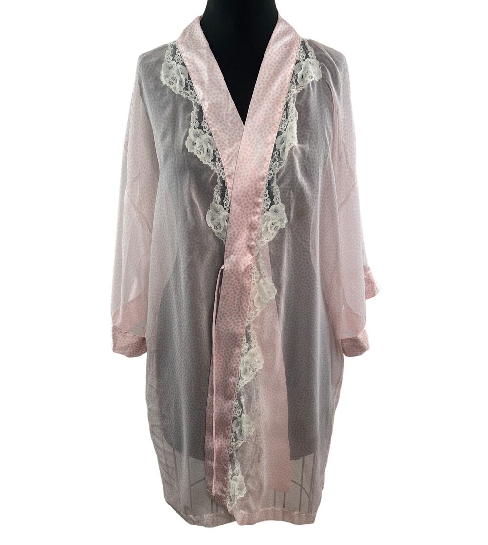VINTAGE Emily Daniell Blush Pink Open Robe Polka Dot Sheer Lace Tie Size Large L